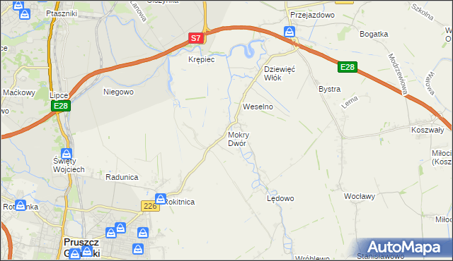 mapa Mokry Dwór gmina Pruszcz Gdański, Mokry Dwór gmina Pruszcz Gdański na mapie Targeo