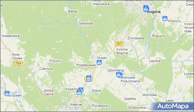 mapa Mostki gmina Staszów, Mostki gmina Staszów na mapie Targeo