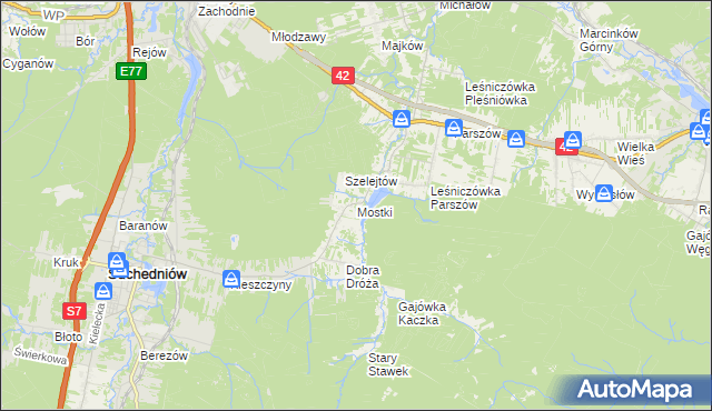 mapa Mostki gmina Suchedniów, Mostki gmina Suchedniów na mapie Targeo