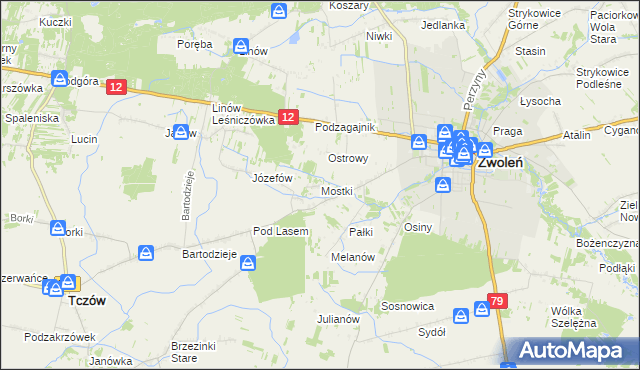 mapa Mostki gmina Zwoleń, Mostki gmina Zwoleń na mapie Targeo