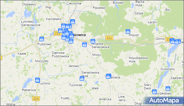 mapa Mrozy gmina Sierakowice, Mrozy gmina Sierakowice na mapie Targeo