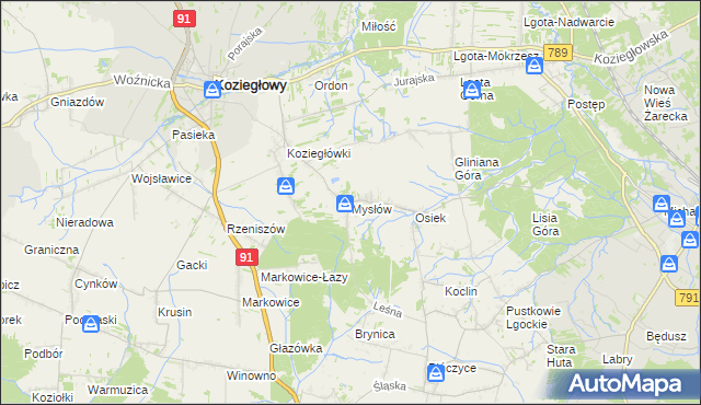 mapa Mysłów gmina Koziegłowy, Mysłów gmina Koziegłowy na mapie Targeo