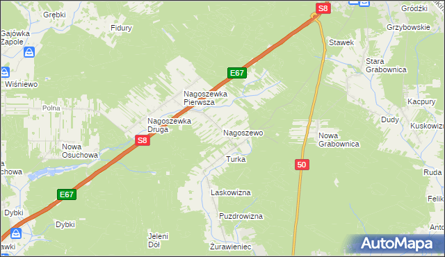 mapa Nagoszewo gmina Ostrów Mazowiecka, Nagoszewo gmina Ostrów Mazowiecka na mapie Targeo