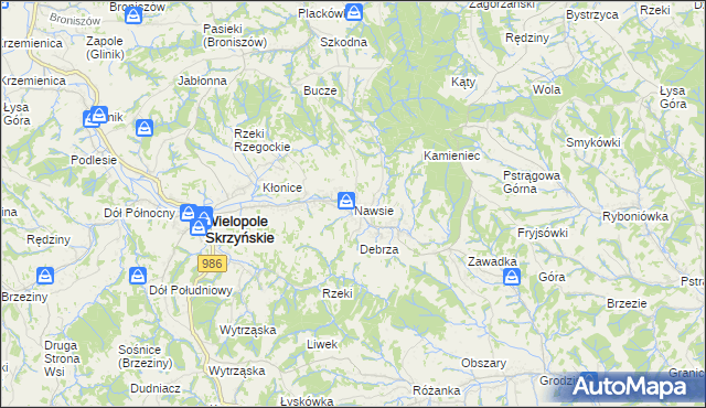 mapa Nawsie gmina Wielopole Skrzyńskie, Nawsie gmina Wielopole Skrzyńskie na mapie Targeo