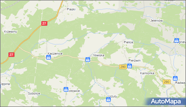 mapa Niwiska gmina Nowogród Bobrzański, Niwiska gmina Nowogród Bobrzański na mapie Targeo