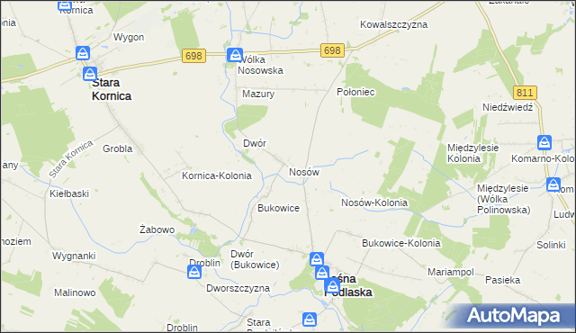 mapa Nosów gmina Leśna Podlaska, Nosów gmina Leśna Podlaska na mapie Targeo