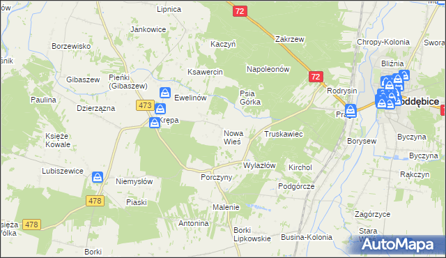 mapa Nowa Wieś gmina Poddębice, Nowa Wieś gmina Poddębice na mapie Targeo