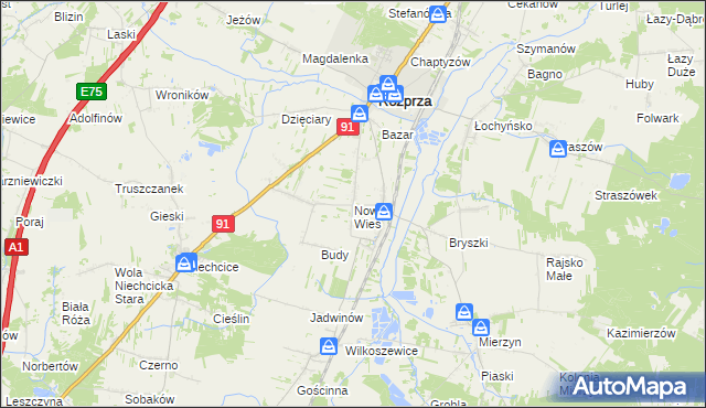 mapa Nowa Wieś gmina Rozprza, Nowa Wieś gmina Rozprza na mapie Targeo