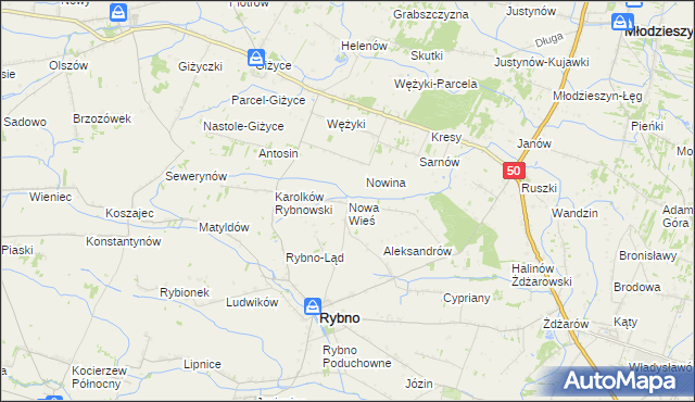 mapa Nowa Wieś gmina Rybno, Nowa Wieś gmina Rybno na mapie Targeo