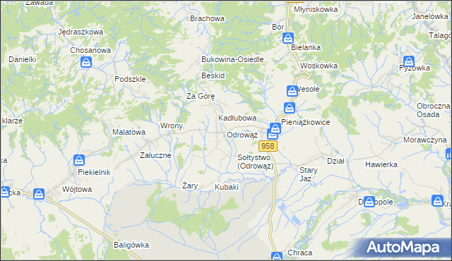 mapa Odrowąż gmina Czarny Dunajec, Odrowąż gmina Czarny Dunajec na mapie Targeo