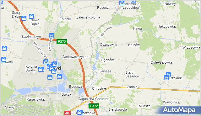 mapa Ogonów gmina Ryki, Ogonów gmina Ryki na mapie Targeo