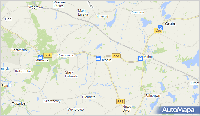 mapa Okonin gmina Gruta, Okonin gmina Gruta na mapie Targeo