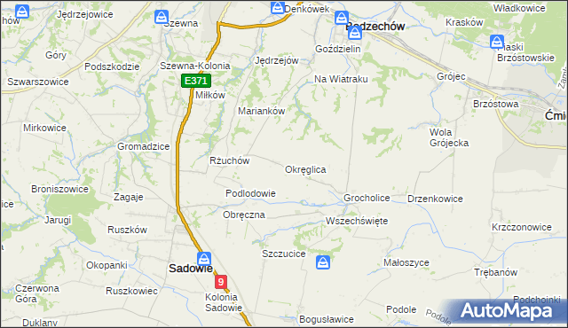 mapa Okręglica gmina Sadowie, Okręglica gmina Sadowie na mapie Targeo