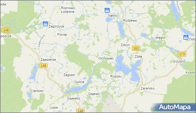 mapa Olchowiec gmina Drawsko Pomorskie, Olchowiec gmina Drawsko Pomorskie na mapie Targeo