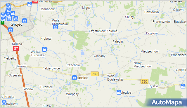 mapa Olszany gmina Jasieniec, Olszany gmina Jasieniec na mapie Targeo