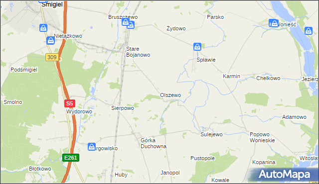 mapa Olszewo gmina Śmigiel, Olszewo gmina Śmigiel na mapie Targeo