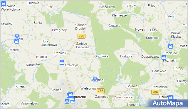 mapa Olszówka gmina Łopuszno, Olszówka gmina Łopuszno na mapie Targeo