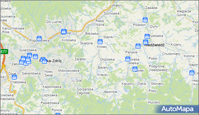 mapa Olszówka gmina Mszana Dolna, Olszówka gmina Mszana Dolna na mapie Targeo