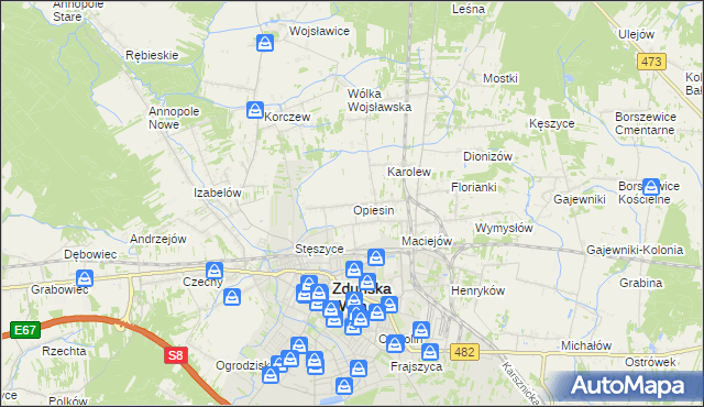 mapa Opiesin gmina Zduńska Wola, Opiesin gmina Zduńska Wola na mapie Targeo