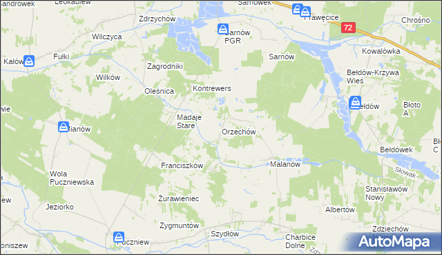 mapa Orzechów gmina Lutomiersk, Orzechów gmina Lutomiersk na mapie Targeo