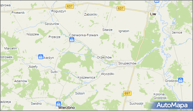 mapa Orzechów gmina Wierzbno, Orzechów gmina Wierzbno na mapie Targeo