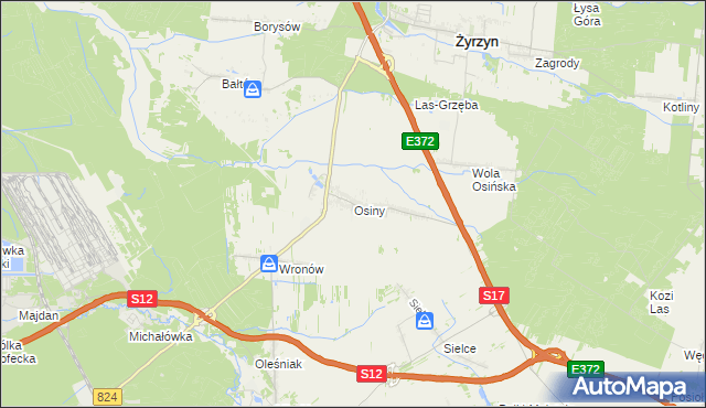 mapa Osiny gmina Żyrzyn, Osiny gmina Żyrzyn na mapie Targeo