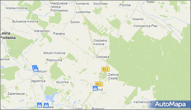 mapa Ossówka gmina Leśna Podlaska, Ossówka gmina Leśna Podlaska na mapie Targeo