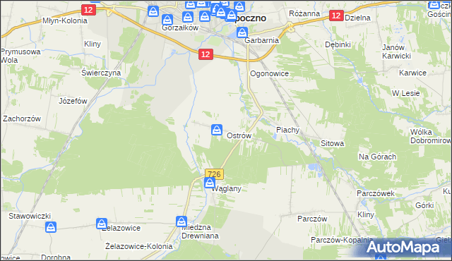 mapa Ostrów gmina Opoczno, Ostrów gmina Opoczno na mapie Targeo