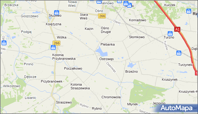 mapa Ostrowąs gmina Aleksandrów Kujawski, Ostrowąs gmina Aleksandrów Kujawski na mapie Targeo