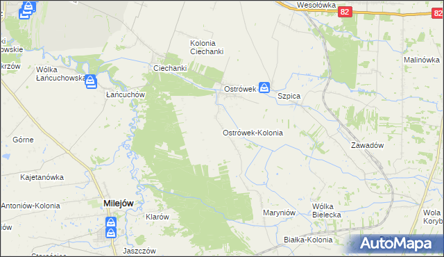 mapa Ostrówek-Kolonia gmina Milejów, Ostrówek-Kolonia gmina Milejów na mapie Targeo