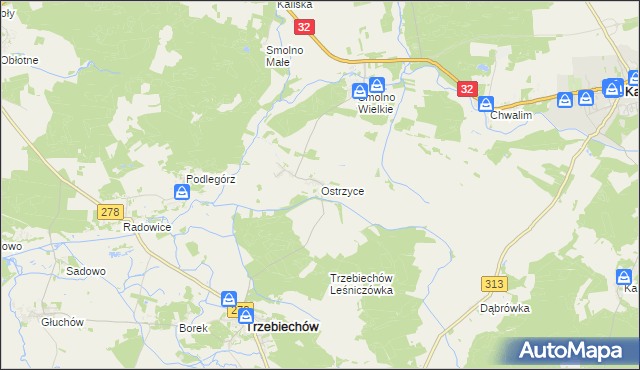 mapa Ostrzyce gmina Trzebiechów, Ostrzyce gmina Trzebiechów na mapie Targeo