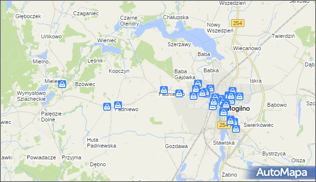mapa Padniewko, Padniewko na mapie Targeo