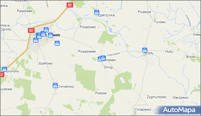 mapa Pakosław gmina Lwówek, Pakosław gmina Lwówek na mapie Targeo