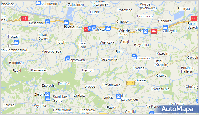 mapa Paszkówka gmina Brzeźnica, Paszkówka gmina Brzeźnica na mapie Targeo