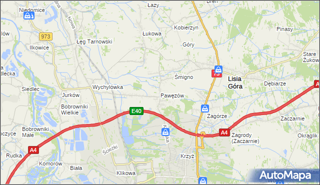 mapa Pawęzów gmina Lisia Góra, Pawęzów gmina Lisia Góra na mapie Targeo