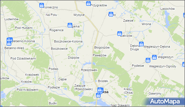 mapa Pawęzów gmina Oksa, Pawęzów gmina Oksa na mapie Targeo