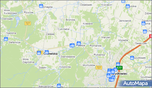 mapa Pawłów gmina Chlewiska, Pawłów gmina Chlewiska na mapie Targeo