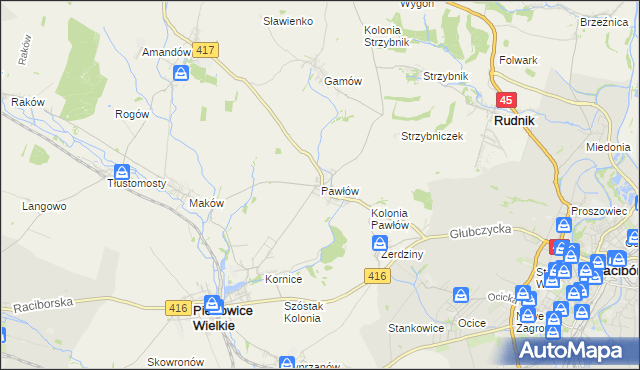 mapa Pawłów gmina Pietrowice Wielkie, Pawłów gmina Pietrowice Wielkie na mapie Targeo