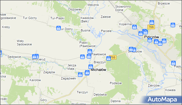 mapa Pawłowice gmina Michałów, Pawłowice gmina Michałów na mapie Targeo