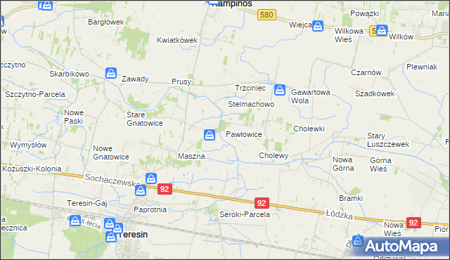 mapa Pawłowice gmina Teresin, Pawłowice gmina Teresin na mapie Targeo