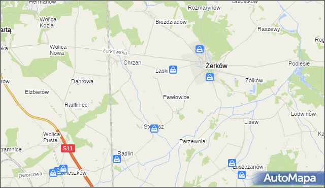 mapa Pawłowice gmina Żerków, Pawłowice gmina Żerków na mapie Targeo