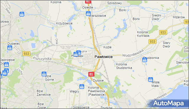 mapa Pawłowice powiat pszczyński, Pawłowice powiat pszczyński na mapie Targeo