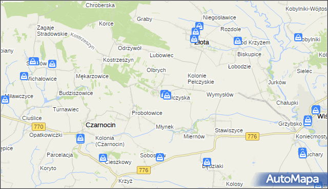 mapa Pełczyska gmina Złota, Pełczyska gmina Złota na mapie Targeo