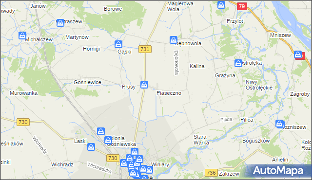 mapa Piaseczno gmina Warka, Piaseczno gmina Warka na mapie Targeo
