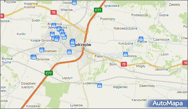 mapa Piaski gmina Jędrzejów, Piaski gmina Jędrzejów na mapie Targeo