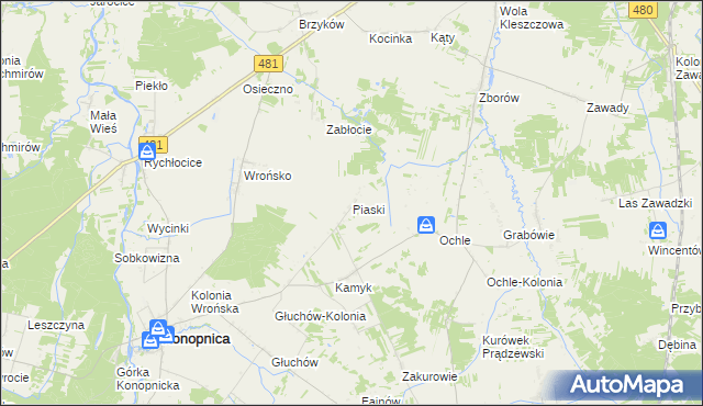 mapa Piaski gmina Konopnica, Piaski gmina Konopnica na mapie Targeo