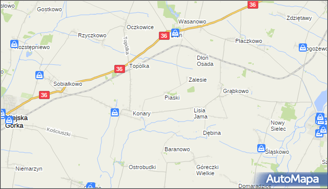 mapa Piaski gmina Miejska Górka, Piaski gmina Miejska Górka na mapie Targeo