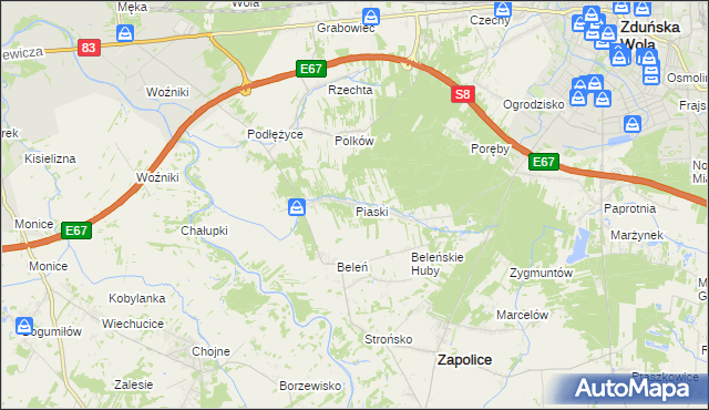 mapa Piaski gmina Zduńska Wola, Piaski gmina Zduńska Wola na mapie Targeo