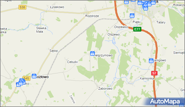 mapa Pielgrzymowo gmina Kozłowo, Pielgrzymowo gmina Kozłowo na mapie Targeo