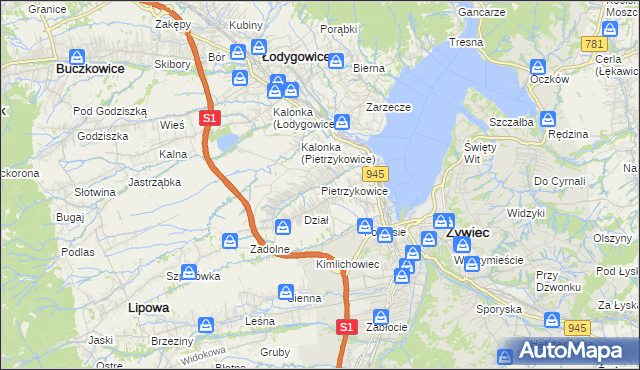 mapa Pietrzykowice gmina Łodygowice, Pietrzykowice gmina Łodygowice na mapie Targeo